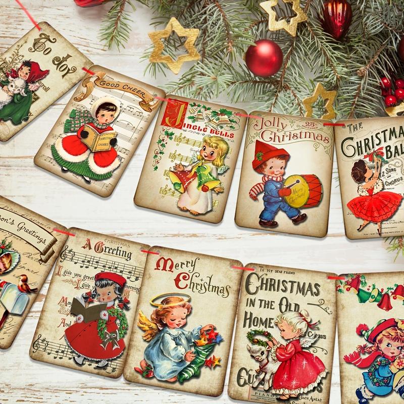 Vintage Christmas Banner, 1 Set Merry Christmas Fireplace Banner Garland, Retro Santa Traditional Victorian Style Hanging Banner for Indoor Outdoor Decoration