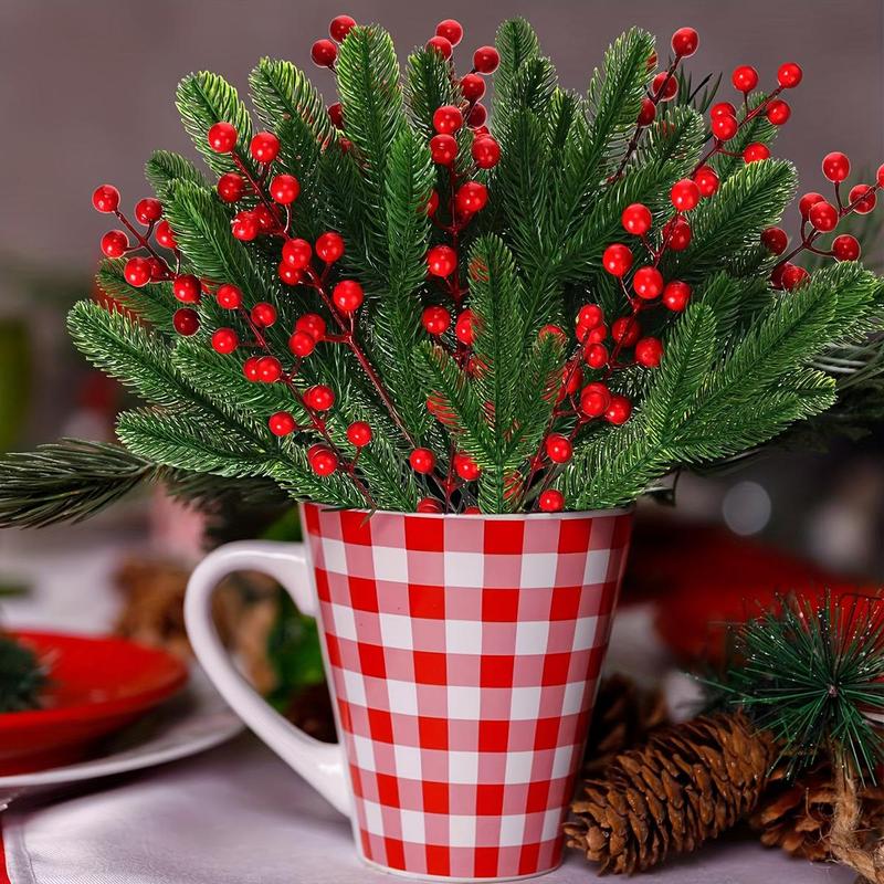 Artificial Red Berry Pine Branches, 10pcs set Including 5 Counts Berry & 5 Counts Plant, Artificial Berry Pine Branches, Festive Decorations