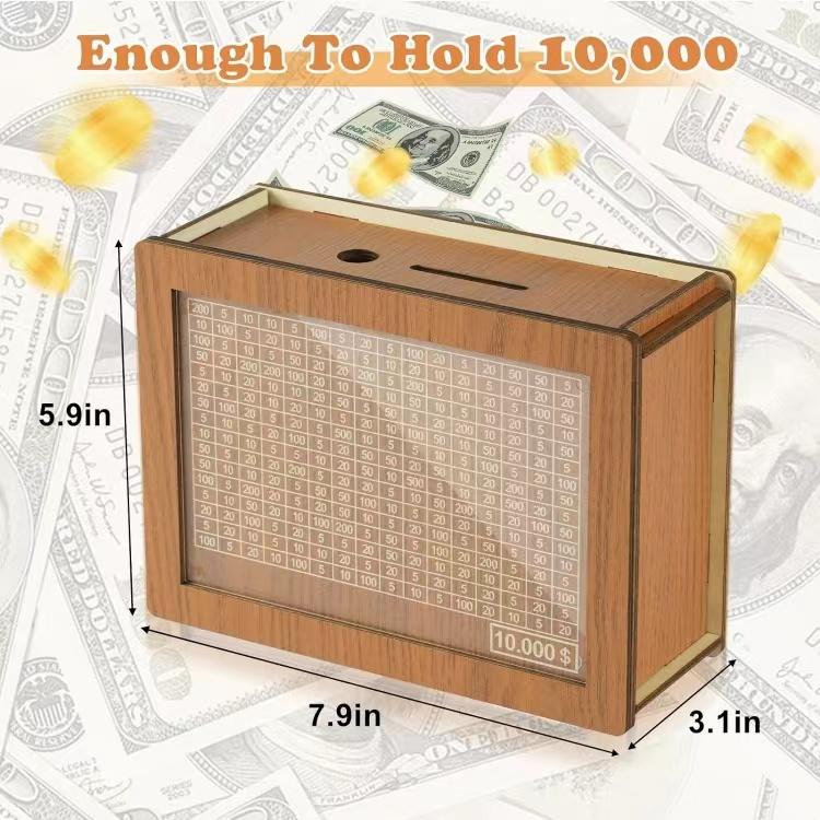 Cash Vault Wooden Savings Box 10000 The Challenge Piggy Bank, Cash Box Piggy Bank for Adults Money Saving Box, 10,000 Cashbox Savings Jar Alcancias De Dinero Para Adultos