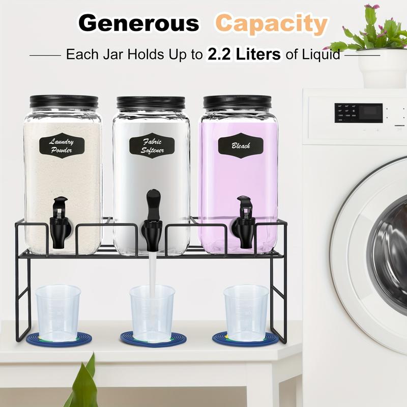 3PCS Glass Laundry Detergent Dispensers with Iron Rack, Leak-Proof Pads & Water Spout - Includes 3 Blackboard Labels, Mini Spanner - Perfect for Laundry Room Organization & Ideal for Liquid Detergent, Bleach, Fabric Softener