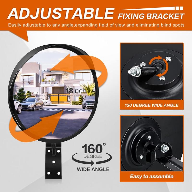 18-Inch Convex Security Corner Mirror - Adjustable Fixing Bracket, Wide Angle, Indoor and Outdoor Use - Ideal for Warehouse, Office, Industrial Areas, Parking Garage, Alleys and Driveways