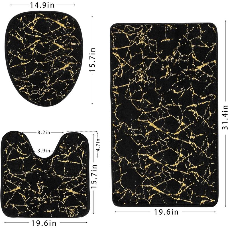 Marble Bathroom Rugs and Mats Set 3 Count Nonslip Black Gold Bathroom Mats Soft Washable Bath Mats for Bathroom Floor Mats Carpet Water Absorbent Shower Rug with U-Shaped Contour Rug Toilet Lid Cover