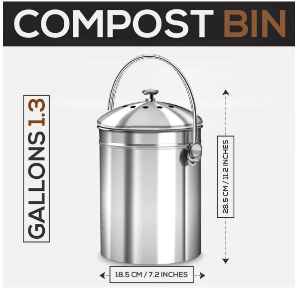 Compost Bin for Kitchen Countertop - 1.3 Gallon Compost Bucket for Kitchen with Lid - Includes 1 Spare Charcoal Filter (Silver)