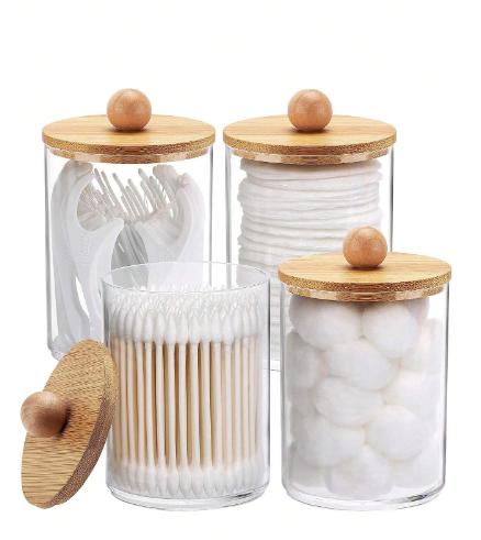 4pcs Accessories With Bamboo Cover Dispensor Holder For Swab, Round Pad, Dental Flosser, Etc. - 10oz Clear Plastic Dispensing Jars Packaging Set For Bathroom Kitchen Vanity Storage Organizer Bottles Dispenser