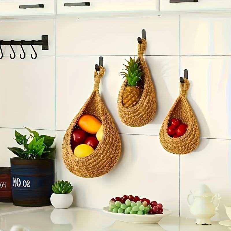 Hanging Wall Vegetable Fruit Basket, 3 Counts set Boho Style Handwoven Wall Mounted Fruit Veggie Basket, Home Organizer for Kitchen Living Room