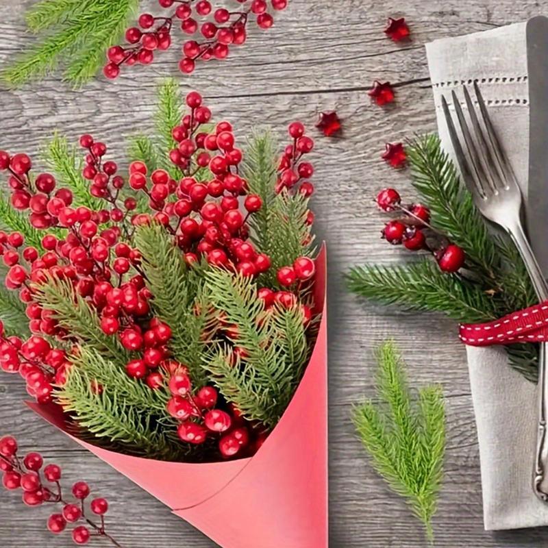 Artificial Red Berry Pine Branches, 10pcs set Including 5 Counts Berry & 5 Counts Plant, Artificial Berry Pine Branches, Festive Decorations