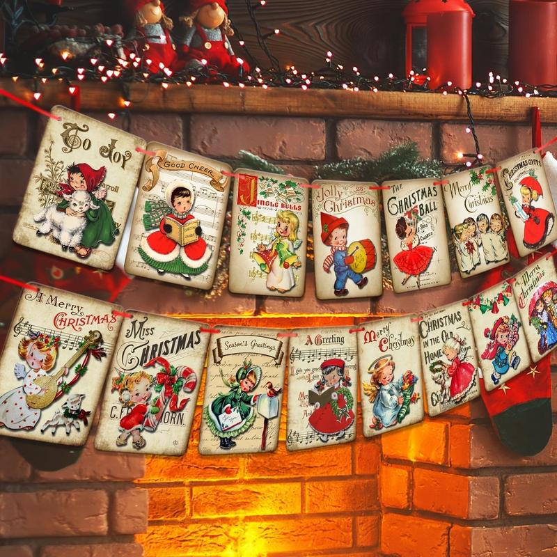 Vintage Christmas Banner, 1 Set Merry Christmas Fireplace Banner Garland, Retro Santa Traditional Victorian Style Hanging Banner for Indoor Outdoor Decoration