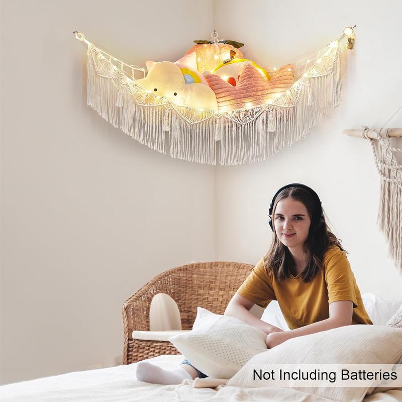 Stuffed  Hammock with LED Light Corner Hanging Net for Stuffed  Storage Girls Room Decor Stuff  Organizer Holder with Tassels  Hammock Storage, White