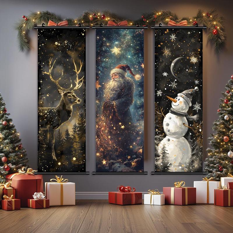 Christmas Themed Wall Banner, 3 Counts set Santa Claus & Reindeer & Snowman Pattern Wall Decor, Wall Art for Home Living Room Bedroom Office