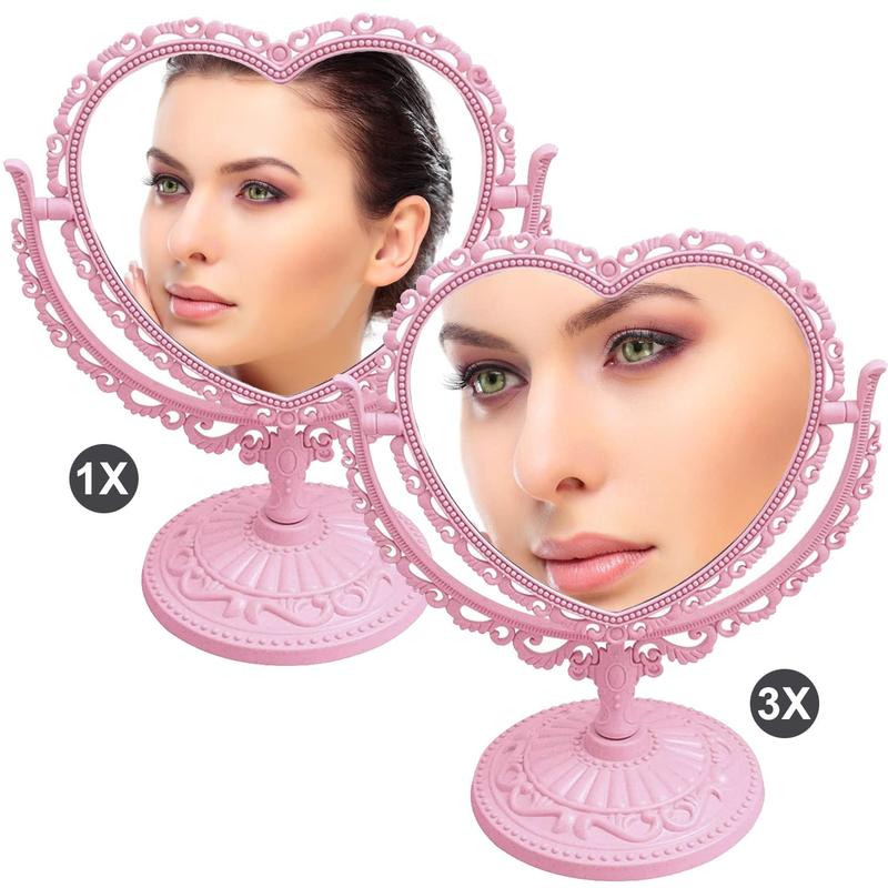 7 Inch Pink Vintage Heart Shaped Mirror, Elegant Double Sided 360 Degree Rotating Vanity Mirror for Room Decoration.