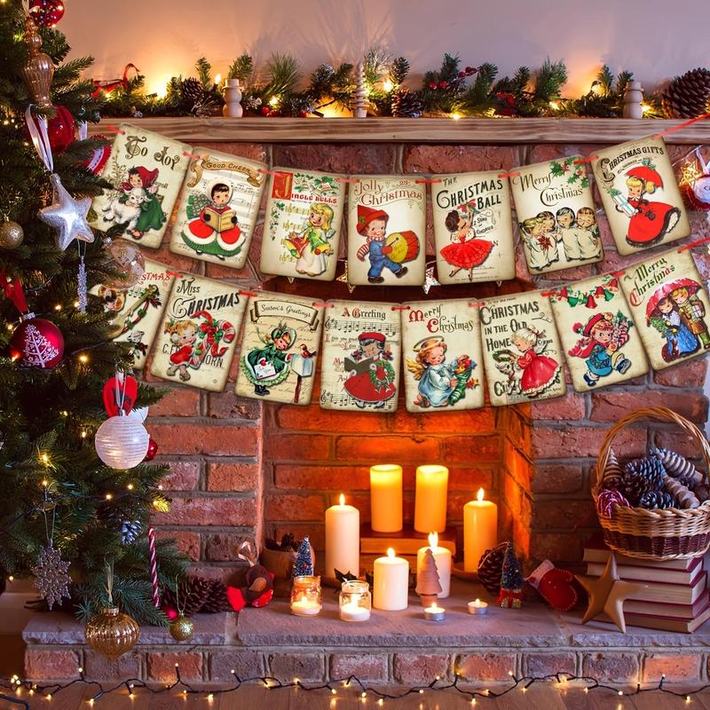 Vintage Christmas Banner, 1 Set Merry Christmas Fireplace Banner Garland, Retro Santa Traditional Victorian Style Hanging Banner for Indoor Outdoor Decoration