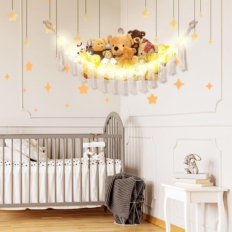 Hammock Corner with LED Light - Toy Storage Hammock Plushie Net Large - Cute Holder Hanging Organizer - Room Decor Cotton Decoration