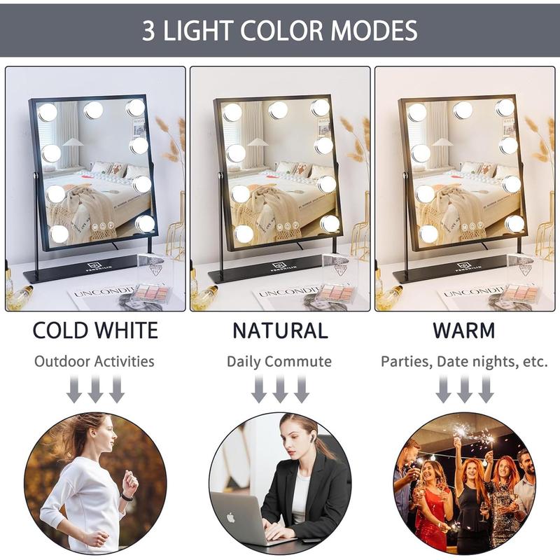 Hollywood Mirror with Light Lighted Makeup Mirror Vanity Makeup Mirror Smart Touch Control 3 Colors Dimable Light Detachable 10X Magnification 360°Rotation(Black)