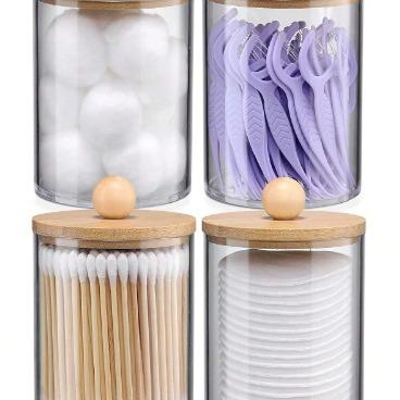 4pcs Accessories With Bamboo Cover Dispensor Holder For Swab, Round Pad, Dental Flosser, Etc. - 10oz Clear Plastic Dispensing Jars Packaging Set For Bathroom Kitchen Vanity Storage Organizer Bottles Dispenser