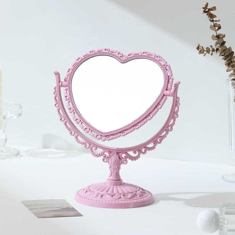 7 Inch Pink Vintage Heart Shaped Mirror, Elegant Double Sided 360 Degree Rotating Vanity Mirror for Room Decoration.