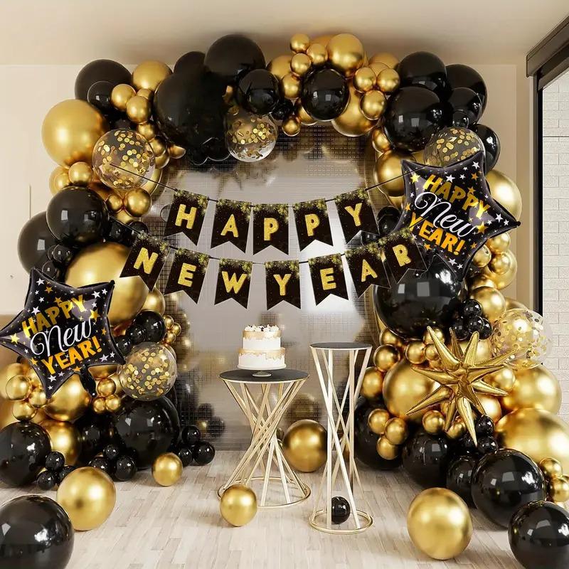 Happy New Year 2025 Banner, Black and Gold ,Hanging Bunting for New Year's Eve Party Supplier Decorations -  Holiday Decorations Hand Light Backdrop