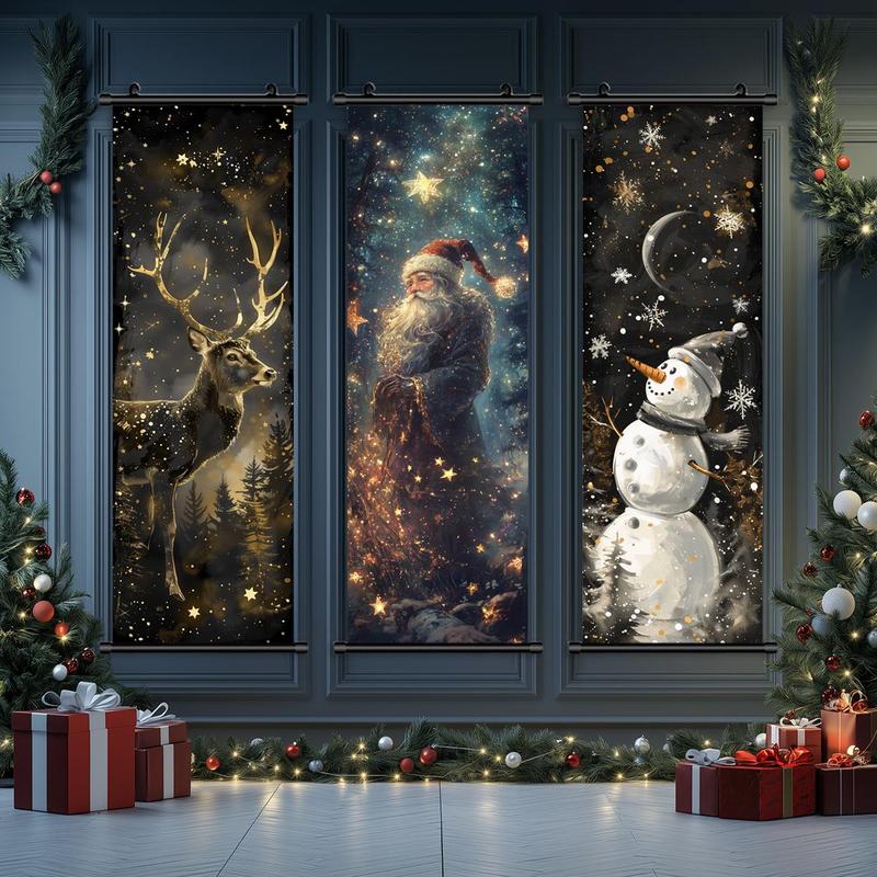 Christmas Themed Wall Banner, 3 Counts set Santa Claus & Reindeer & Snowman Pattern Wall Decor, Wall Art for Home Living Room Bedroom Office