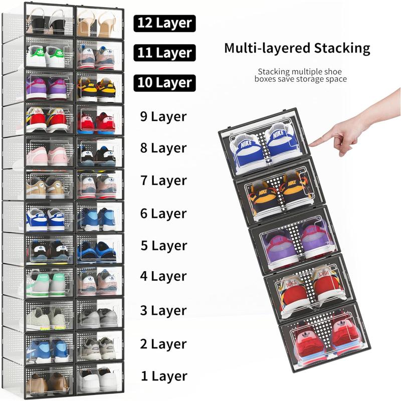 12 Pack Shoe Storage Bins, Clear Plastic Stackable Shoe Organizer for Closet, Space Saving Foldable Shoe Rack, Shoe Box Sneaker Holder Container, Black Frame