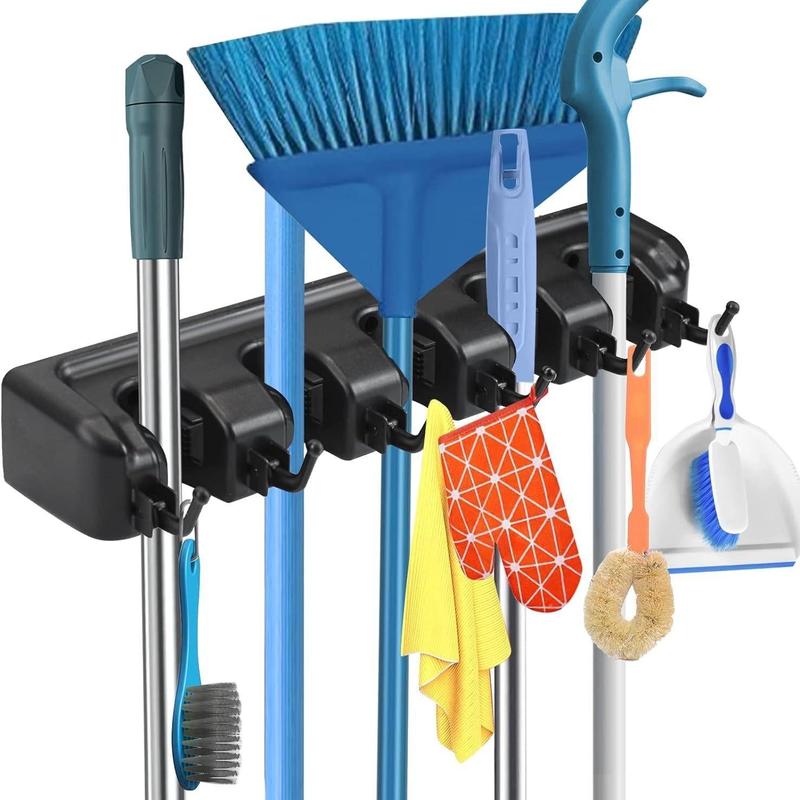 Wall Mounted Mop Holder, 1 Count Mop & Broom Storage Rack with 5 Slots & 6 Hooks, Home Organizer for Kitchen, Garden, Bathroom, Garage