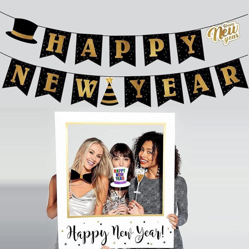 Happy New Year 2025 Banner, Black and Gold ,Hanging Bunting for New Year's Eve Party Supplier Decorations -  Holiday Decorations Hand Light Backdrop