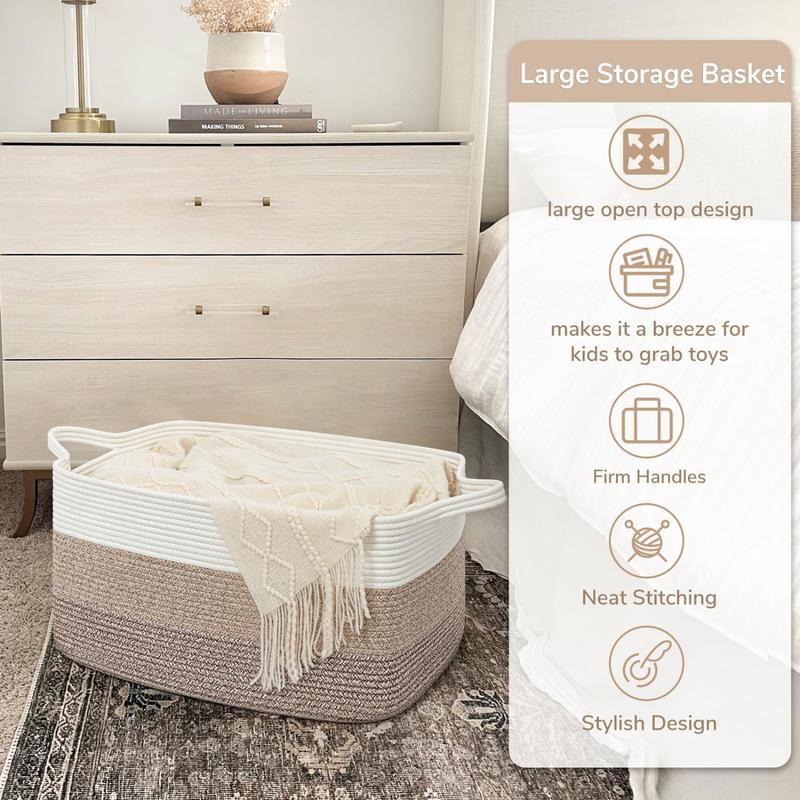 Storage Basket,  Blanket Basket for Living Room,  for Clothes, Rectangle Rope Baskets for Storage