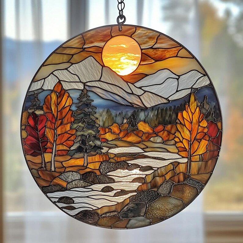 Mountain Range Stained Glass Ornament, Sunset Scenery window hangings for garden, House Decoration, House Decor, Housewarming Gift