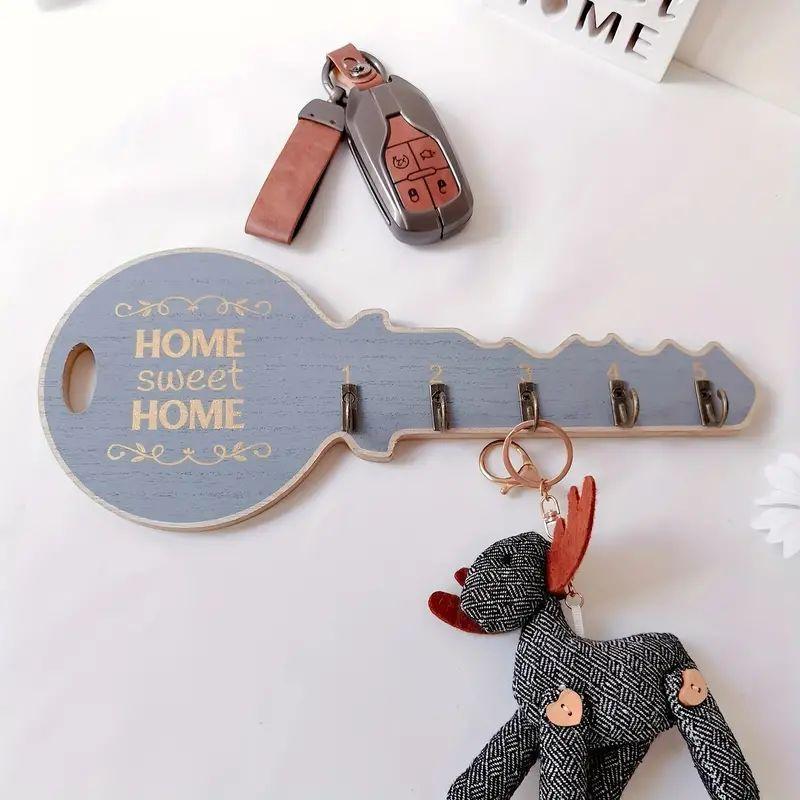 Wall Mounted Key Holder, 1 Count Key Shape Wooden Key Rack with 5 Key Hooks, Creative Entry Door Hook, Home Organizer for Living Room Bedroom