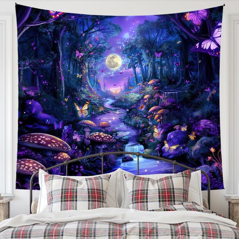 Forest Mosaic Pattern Tapestry, 1 Count Butterfly & Mushroom Print Hanging Blanket, Wall Hanging Decor For Living Room & Bedroom