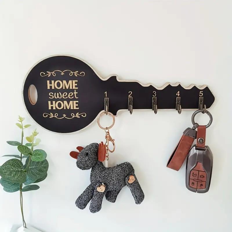 Wall Mounted Key Holder, 1 Count Key Shape Wooden Key Rack with 5 Key Hooks, Creative Entry Door Hook, Home Organizer for Living Room Bedroom