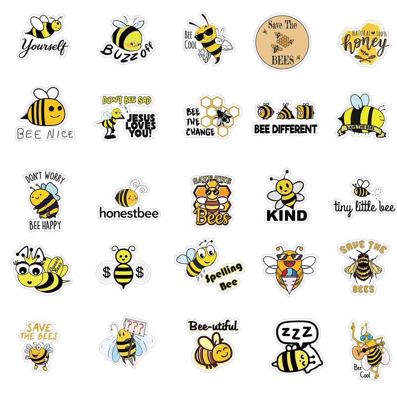 50pcs Cute Cartoon Bee Pattern Stickers, Multicolor Waterproof Stickers For Laptops Water Bottles Cars Skateboards Phone, DIY Decorative Stickers