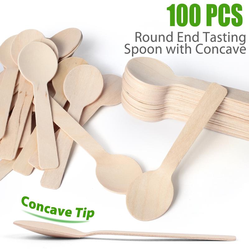 Pack of 100 Mini Wooden Spoons 4 inch Length Disposable Tasting Sampling Spoons Biodegradable Compostable Eco-friendly Birchwood Taster Spoons Round