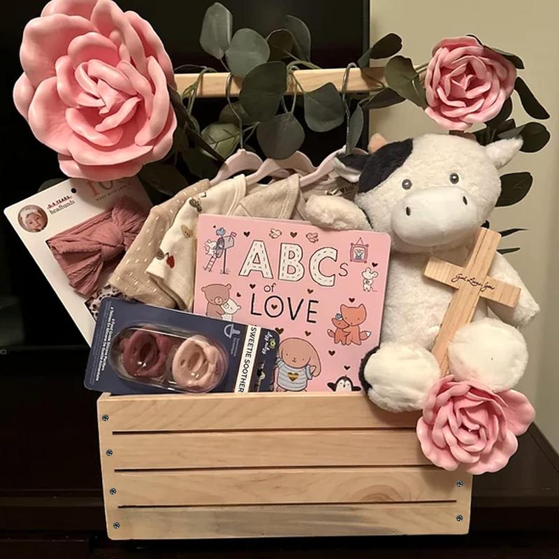 Large Baby Storage Crate Hamper, Baby Shower Gifts, Wooden Gift Crate, Welcome Gifts Basket for New Born Girls Boys, Wooden Baby Shower Crate Closet,Baby Basket with Handle