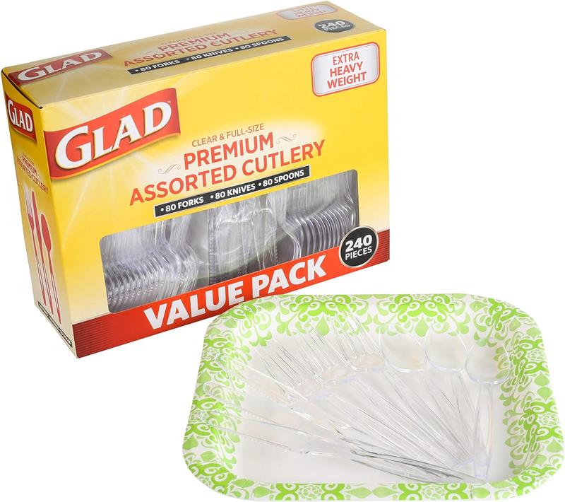 Glad Disposable Plastic Cutlery, Assorted Set | Clear Extra Heavy Duty forks, Knives, And Spoons | Disposable Party Utensils | 240 Piece Set of Durable and Sturdy Cutlery