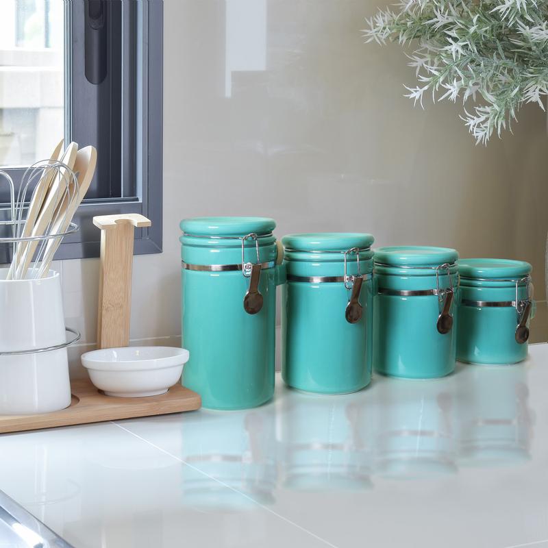 Blue Donuts 4Pc Ceramic Canister Set With Spoons