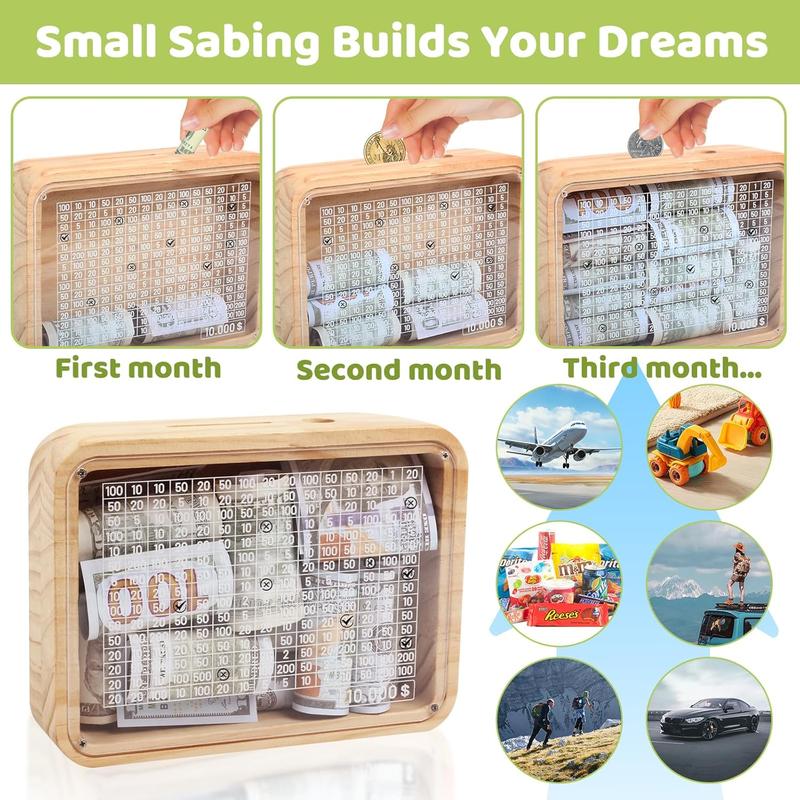 Money Saving Box Piggy Bank for Adults  10000 Savings Target  Challenge Box Coin Counter Reusable Wooden Cash Vault Savings 10k