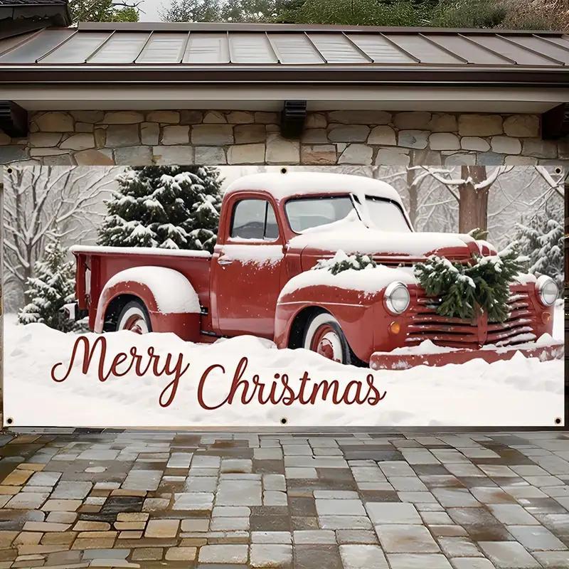 Christmas Themed Garage Door Cover, 1 Count Merry Christmas Car Pattern Garage Door Banner, Indoor Outdoor Festival Background, Home Decor