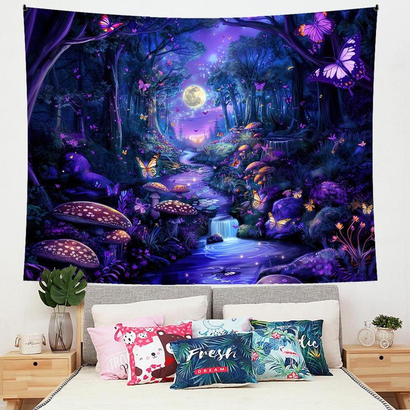 Forest Mosaic Pattern Tapestry, 1 Count Butterfly & Mushroom Print Hanging Blanket, Wall Hanging Decor For Living Room & Bedroom