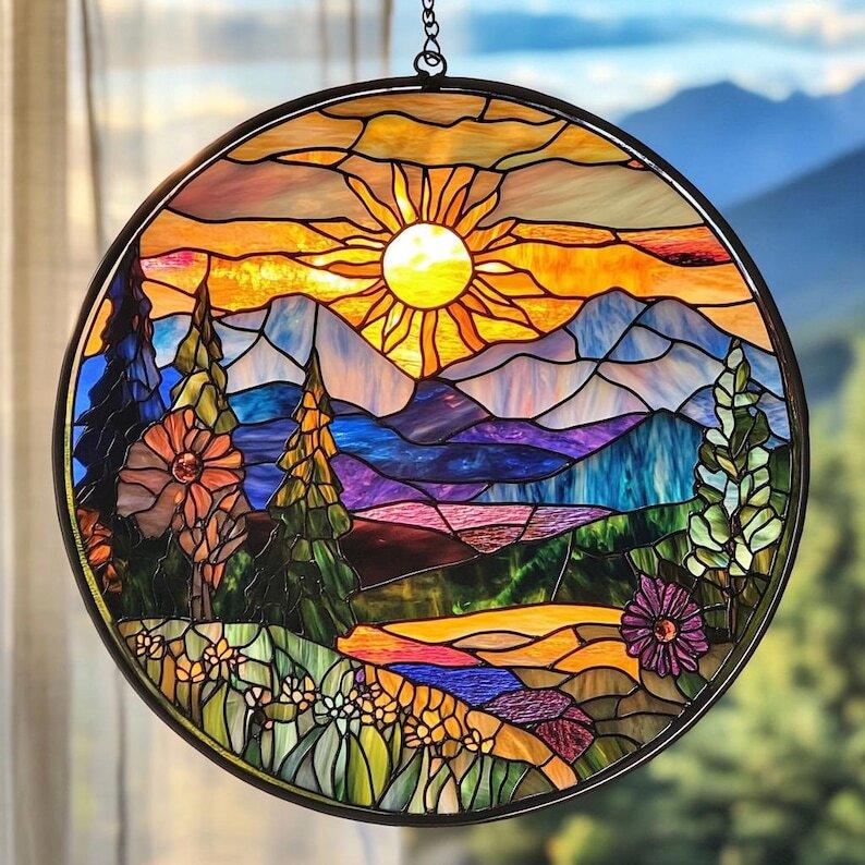 Mountain Range Stained Glass Ornament, Sunset Scenery window hangings for garden, House Decoration, House Decor, Housewarming Gift