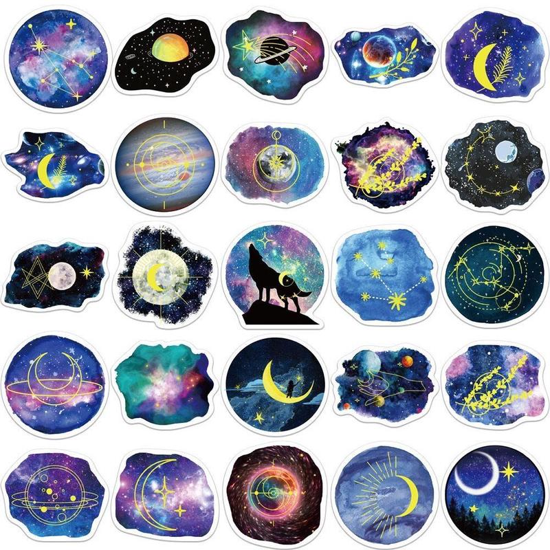 50pcs Colorful Moonlight Planet Series Decorative Sticker, Children's Decorative Collage Decal, Waterproof DIY Decorative Sticker For Stationery Computer Water Bottle Skateboard