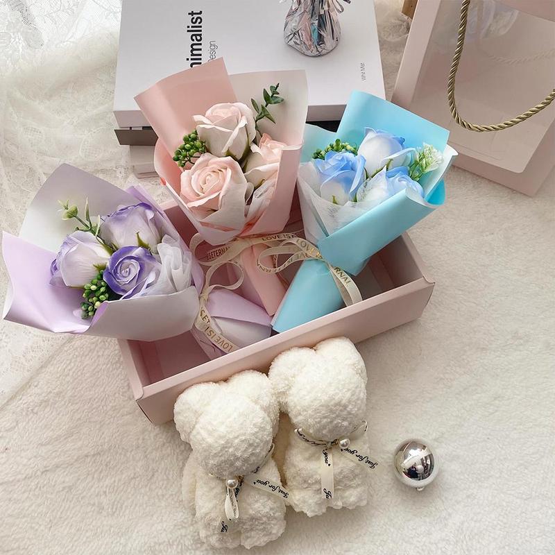 Artificial Rose Bouquet & Bear Towel Gift Box, 1 Count Creative Birthday Gift, Wedding Party Gift, Romantic Gift Box, Teacher's Day Gift