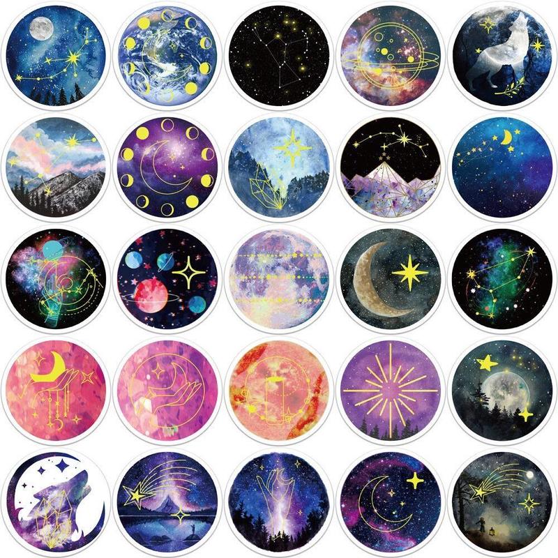 50pcs Colorful Moonlight Planet Series Decorative Sticker, Children's Decorative Collage Decal, Waterproof DIY Decorative Sticker For Stationery Computer Water Bottle Skateboard