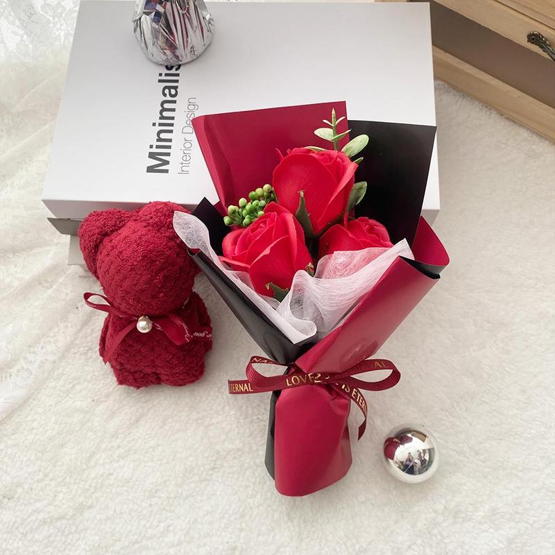 Artificial Rose Bouquet & Bear Towel Gift Box, 1 Count Creative Birthday Gift, Wedding Party Gift, Romantic Gift Box, Teacher's Day Gift