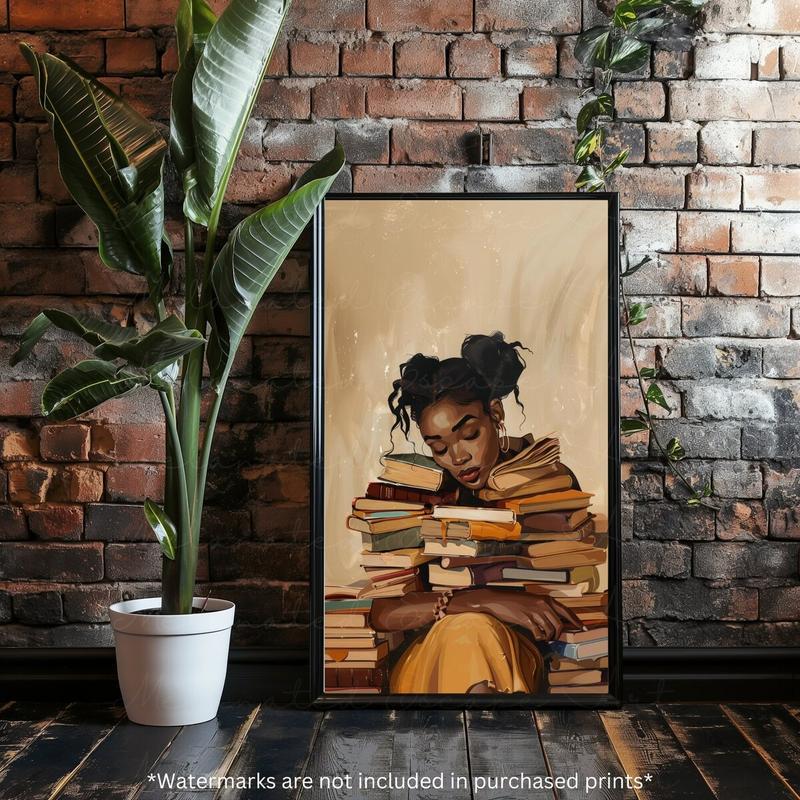 Black Woman Wall Art Digital, Black Girl Reading Art, Black Women Art Prints, College Dorm Decor, Book Lover Poster, No Frame Room Ornaments