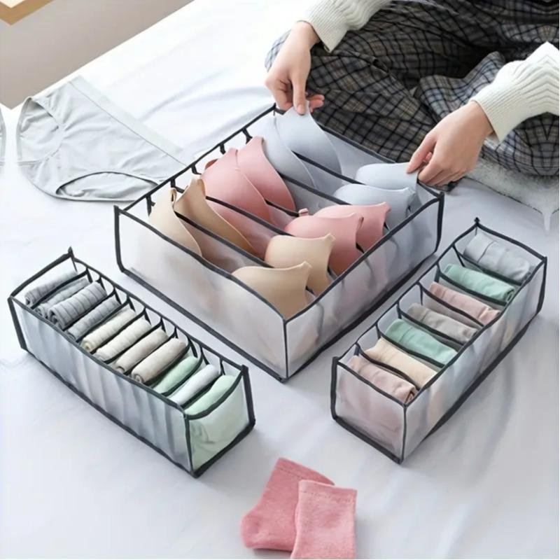 Foldable Underwear Storage Bag, 3pcs Clear Contrast Binding Underwear Drawer Organizer, Dividers for Bra Panty Sock Ties, College Dorm Essentials, Home Organizer