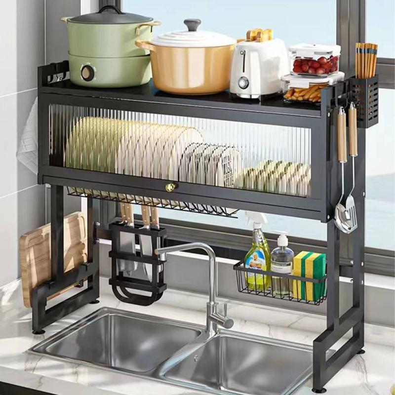 Over the Sink Dish Drying Rack with Cover, Large Space-Saving Stainless Steel Dish Drainer Kitchenware Bowls  Organizer Holder Shelf, Kitchen Decor Gadgets Accessories Essentials Must Haves Stuff Necessities