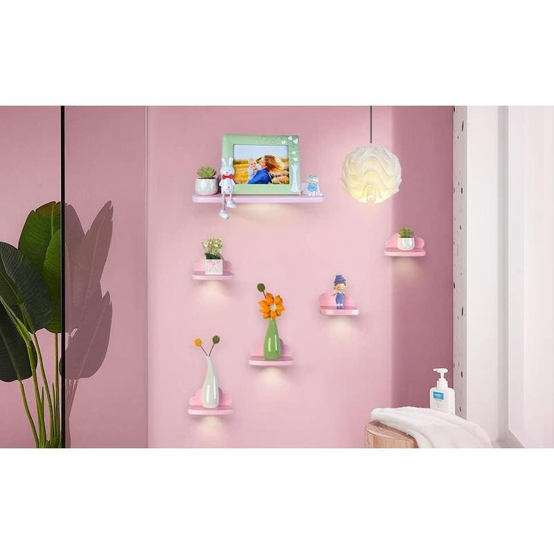 Small Floating Shelves 7 Pack Mini Cloud Shelves Hanging Display Wall Shelf for Kids Bedroom,with 2 Types of Installation,Pink-L