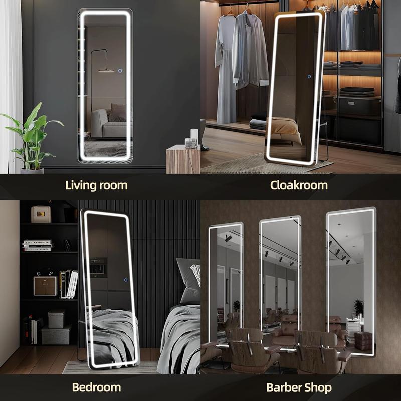 LED Long Floor Mirror with Adjustable 3 Color LED Light, Sturdy Dimmable Full Length Mirror with Stand, Wall Mounted Hanging christmas 2024 ornament for Home, 64*21 Decor