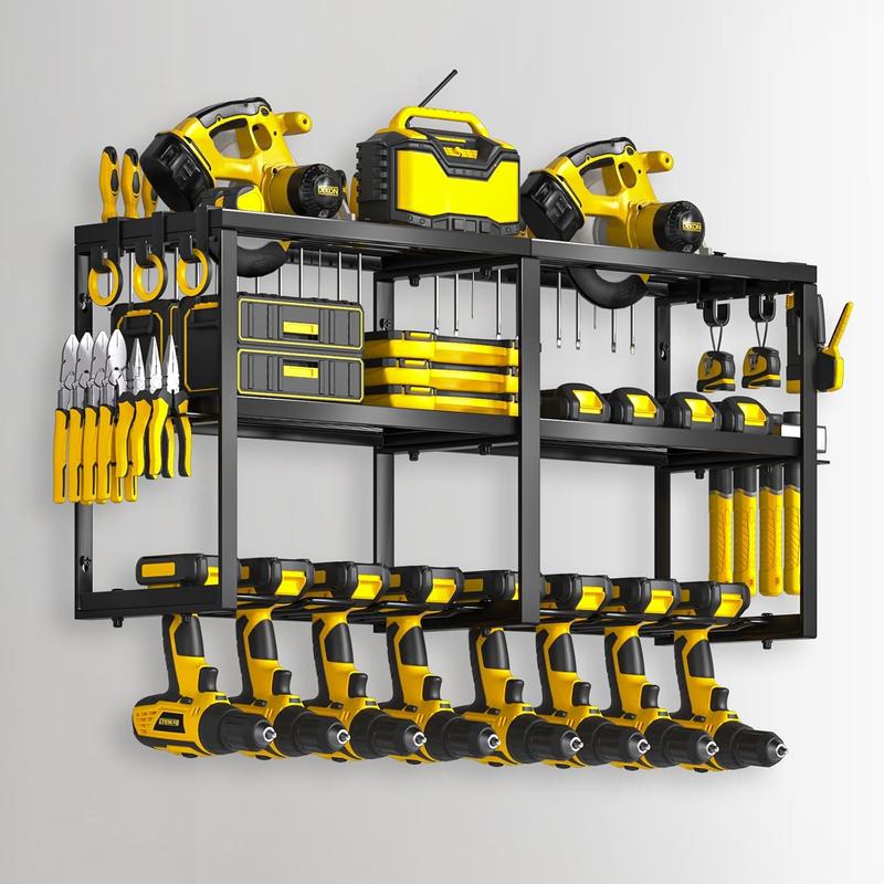 Power Tool Organizer Wall Mount, Heavy Duty Utility Tool Rack with 8 Drill Holders and 3-Layer High Capacity Storage Rack for Cordless Tool Screwdriver Plier Hammer Holder Installation