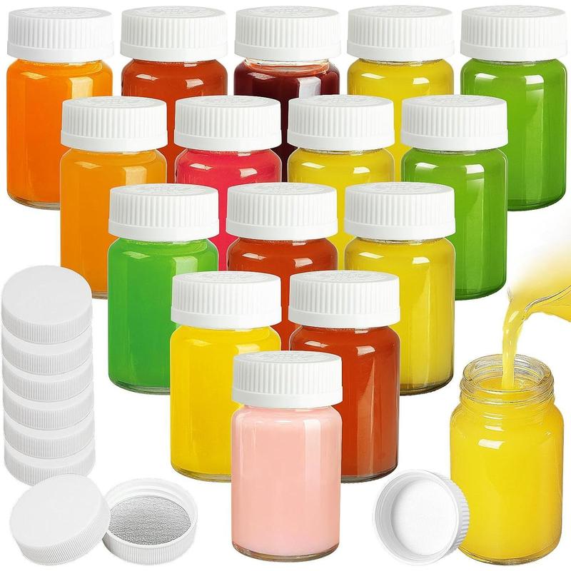 8 Pack 2.5 Oz Wide Mouth Juice Shot Bottles with 8 Sealed Press Screw Caps & 4 Airtight Lids! Small Glass Ginger Shot Bottles for Oil, Ginger, Travel Bottle, Reusable and Dishwasher Safe