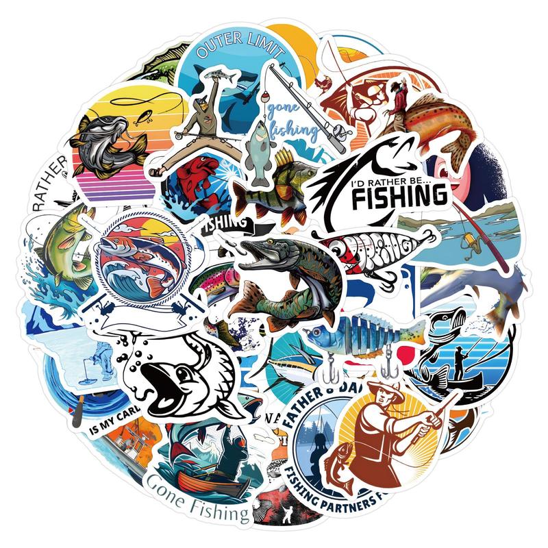 Fishing Themed Sticker, 60pcs set Creative Decoration DIY Sticker, Waterproof Sticker for Skateboard, Luggage, Bicycle, Water Bottle